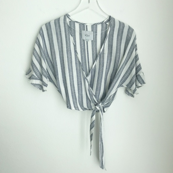 Rails Athena Stanton Striped Cropped V-Neck Wrap Top Size S Short Ruffle Sleeve - Picture 2 of 9